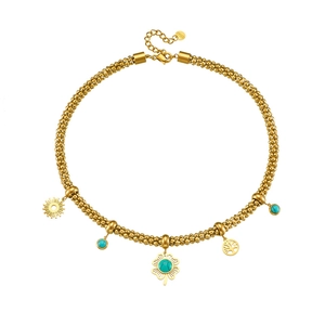 Golden stainless steel necklace with tree of life, sun and turquoise clover pendants