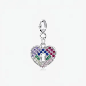 Heart Lock Pendant 925 Sterling Silver With Multicolor Cubic Zirconia Rainbow Jewelry Charm For Women Girls Sweet