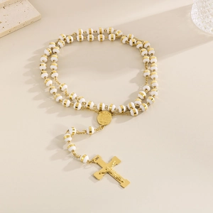 8mm white bead rosary necklace with 18K gold-plated stainless steel crucifix pendant
