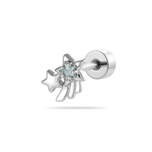 Silver star wing cartilage stud earring with blue gemstone and flat back piercing