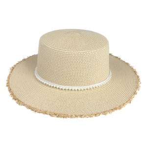 French style straw sun hat with pearls and frayed edges for summer beach vacations