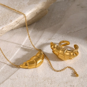 18k gold plated stainless steel croissant necklace and open ring jewelry set for women