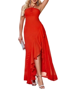 Elegant red halter neck sleeveless maxi dress with ruffle hem and backless design