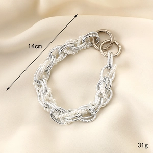 Handmade beaded bag charm with white pearls and silver metal chain 14cm length 31g weight