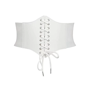 White vintage corset belt with lace-up tie and elastic mesh for a slim waist silhouette