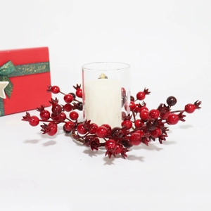 Artificial red berry and pomegranate candle ring with glass holder and gift box decor