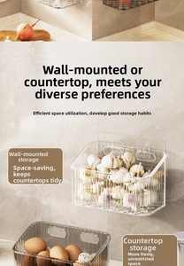 Close-up of a wall-mounted transparent striped kitchen organizer with garlic and eggs