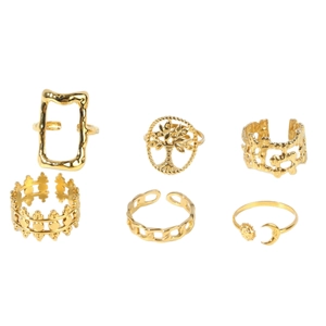 Set of 6 vintage 18k gold-plated stainless steel rings with Tree of Life and boho designs