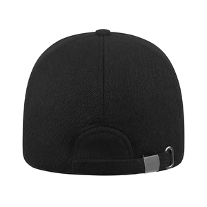 Rear view of black thermal baseball cap with textured wool fabric and adjustable metal buckle