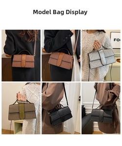 Multiple views showing woven texture small crossbody bags in brown, silver and black