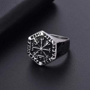 Vintage Viking compass signet ring for men in matte stainless steel finish