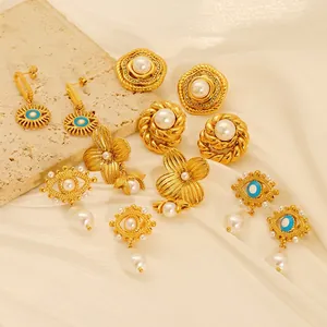 Boucles D'oreilles Vintage Acier Inoxydable Plaqué Or 18K Künstliche Perle Artificielle Œil De Turquie Floral Bijoux Femmes