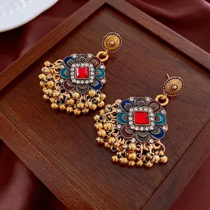 Vintage Boho Quastenohrringe Legierung Blume Emaille Roter Strass Ethno Schmuck Für Damen Mit Stahl Ohrstecker