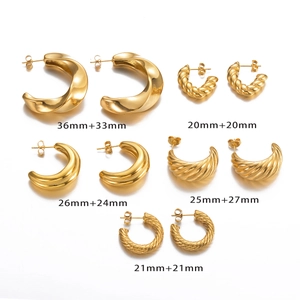 Set of five 18K gold plated stainless steel hoop earrings in various twisted C-shapes