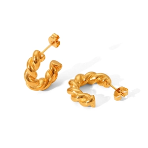 Classic golden stainless steel C-shaped earrings with spiral twisted rope texture