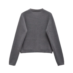 Detailed back view of a dark grey knit cardigan with fine texture and premium stitching