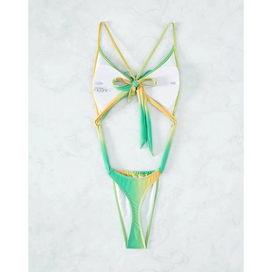 Sexy gradient green and yellow one-piece swimsuit with back bow tie closure and V-neck