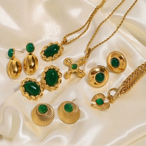 Vintage emerald green stone jewelry set with gold stainless steel necklaces and earrings