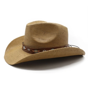 Ethnic vintage woven straw cowboy hat with embroidered leather band and wide brim