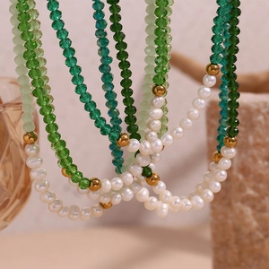 Handmade Stainless Steel Beaded Necklace With Freshwater Pearls Green Rhinestone Crystal For Women Fashion Jewelry