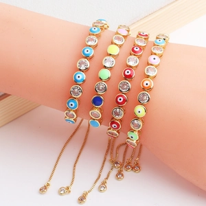Adjustable gold evil eye bracelets with colorful enamel beads and sparkling zircon stones