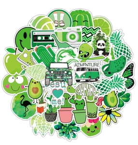Close-up of green VSCO aesthetic waterproof vinyl stickers for laptops and luggage