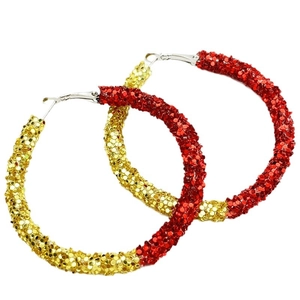 Sparkly gold and red oversized hoop earrings for sports fan outfits and events