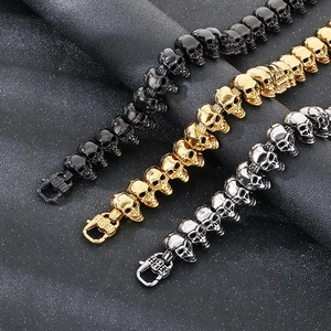 Punk skull stainless steel link bracelets for men in black, gold, and silver metal finish