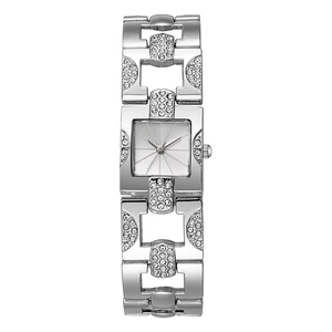 Detail of silver square dial ladies watch with sparkling crystal encrusted bracelet