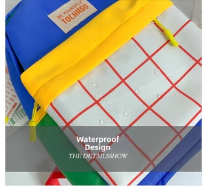 Detail of waterproof color-block canvas backpack fabric with clear water droplets