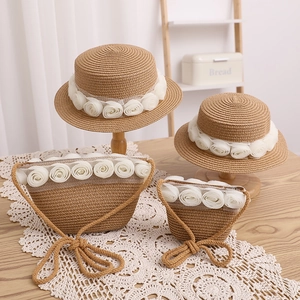Lace Rose Strohoed En Tas Platte Boater Zonnehoed Ademende Papieren Stro Strandhoed Voor Kinderen Vrouwen Zomervakantie