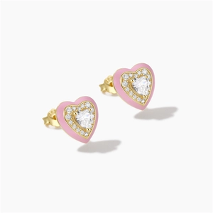 Close-up of S925 stamp on heart stud earrings with pink enamel and sparkling crystals