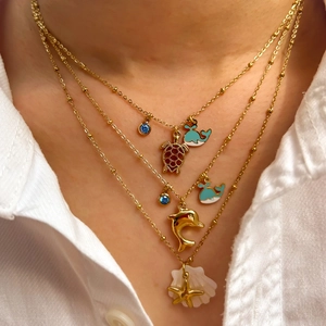 14K gold-plated stainless steel layered necklace with sea turtle and dolphin charms