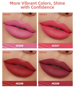 Lipstick color comparison showing velvet matte shades E506, E507, E508 and E509 on lips