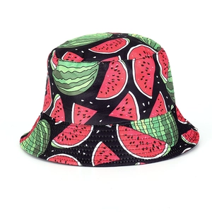 Detail showing high-quality vibrant watermelon print on black canvas bucket hat