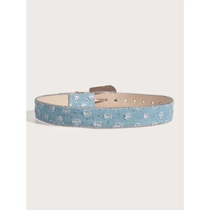 Close-up of light blue denim belt featuring silver sequins, rivets and bead chain trim