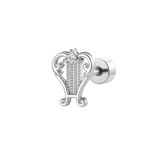 Polished silver lyre stud earring with clear gemstone and flat screw back design