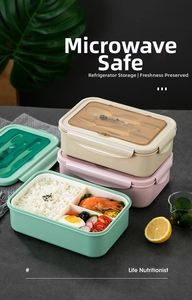 Three-grid microwaveable lunch box set in mint, beige, and pink with cutlery storage