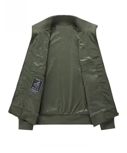 Detail view of military green bomber jacket featuring breathable mesh lining and inner pockets