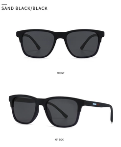 Front and 45-degree side views of sand black TR sunglasses with polarized black lenses