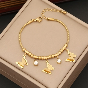 Elegant gold stainless steel butterfly necklace with frosted pendants on snake chain