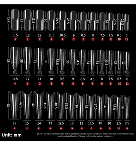 Detailed size guide for clear dual nail forms in square, almond, and coffin shapes