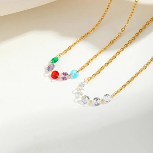 Gold stainless steel double layer necklace with colorful and clear round zircon charms