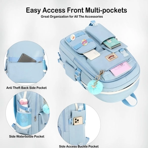 Detailed view of light blue backpack features including anti-theft pocket and side buckles