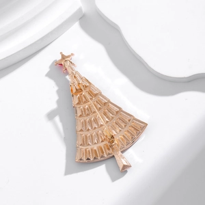 Back view of elegant rose gold Christmas tree brooch with fine textured metal and pin detail