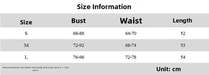 Size information table for the V-neck halter top with bust and length in centimeters