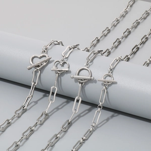 Sleek silver stainless steel square link necklaces featuring heart and round OT clasp