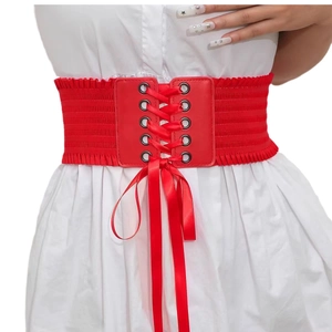 Red lace corset waist belt with ribbon bow tie and elastic band for women
