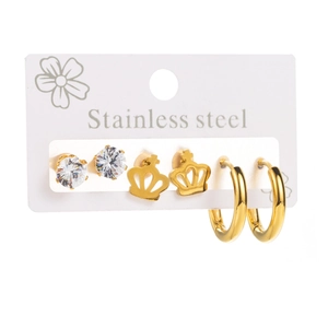 Detailed set of stainless steel earrings featuring crown, round studs and gold hoop designs