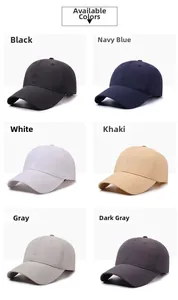 Selection of six solid color quick-dry baseball caps in black, navy, white, khaki, and grey